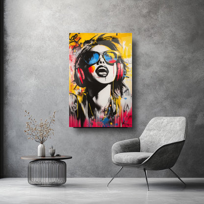 Pop Art Renkli Gözlüklü Kadın Cam Tablo