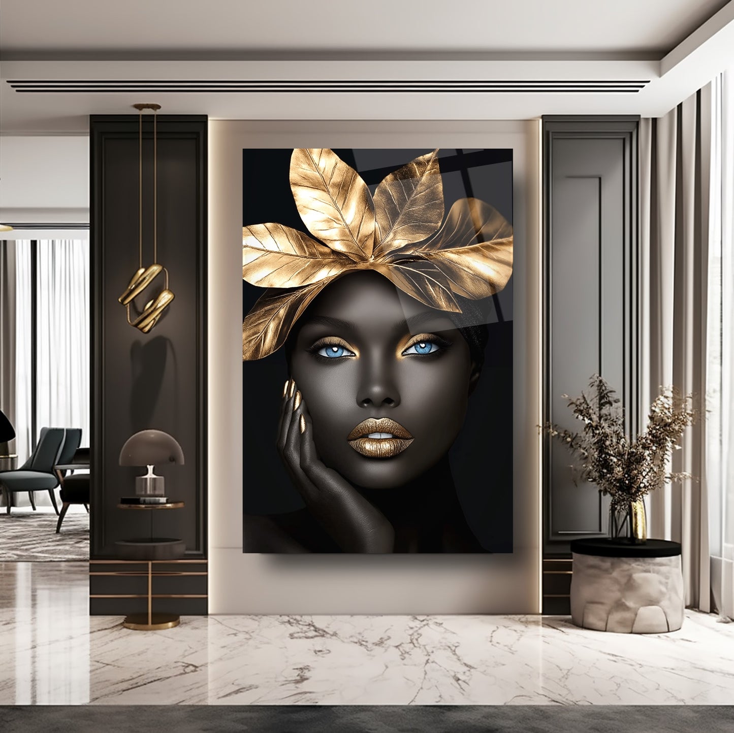 Gold Ypraklı Afrikalı Siyahi Kadın Cam Tablo