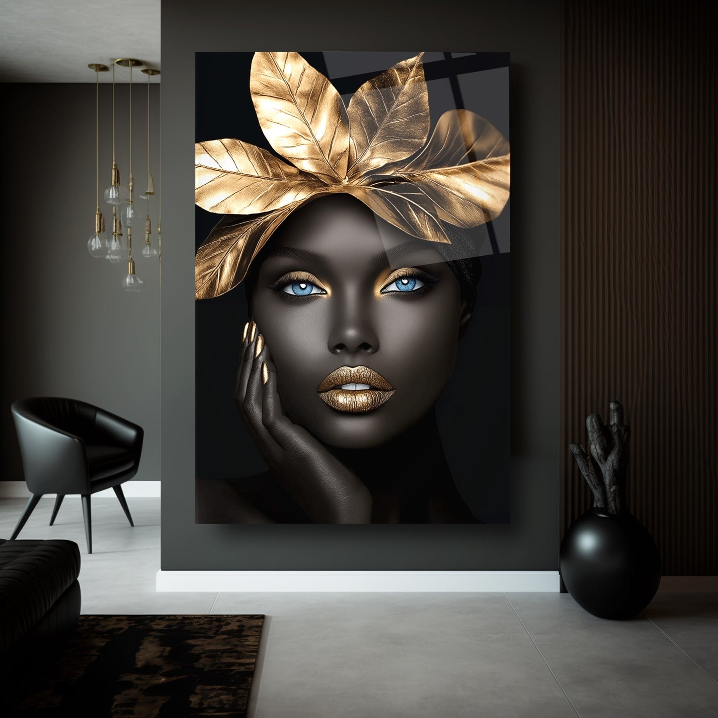 Gold Ypraklı Afrikalı Siyahi Kadın Cam Tablo