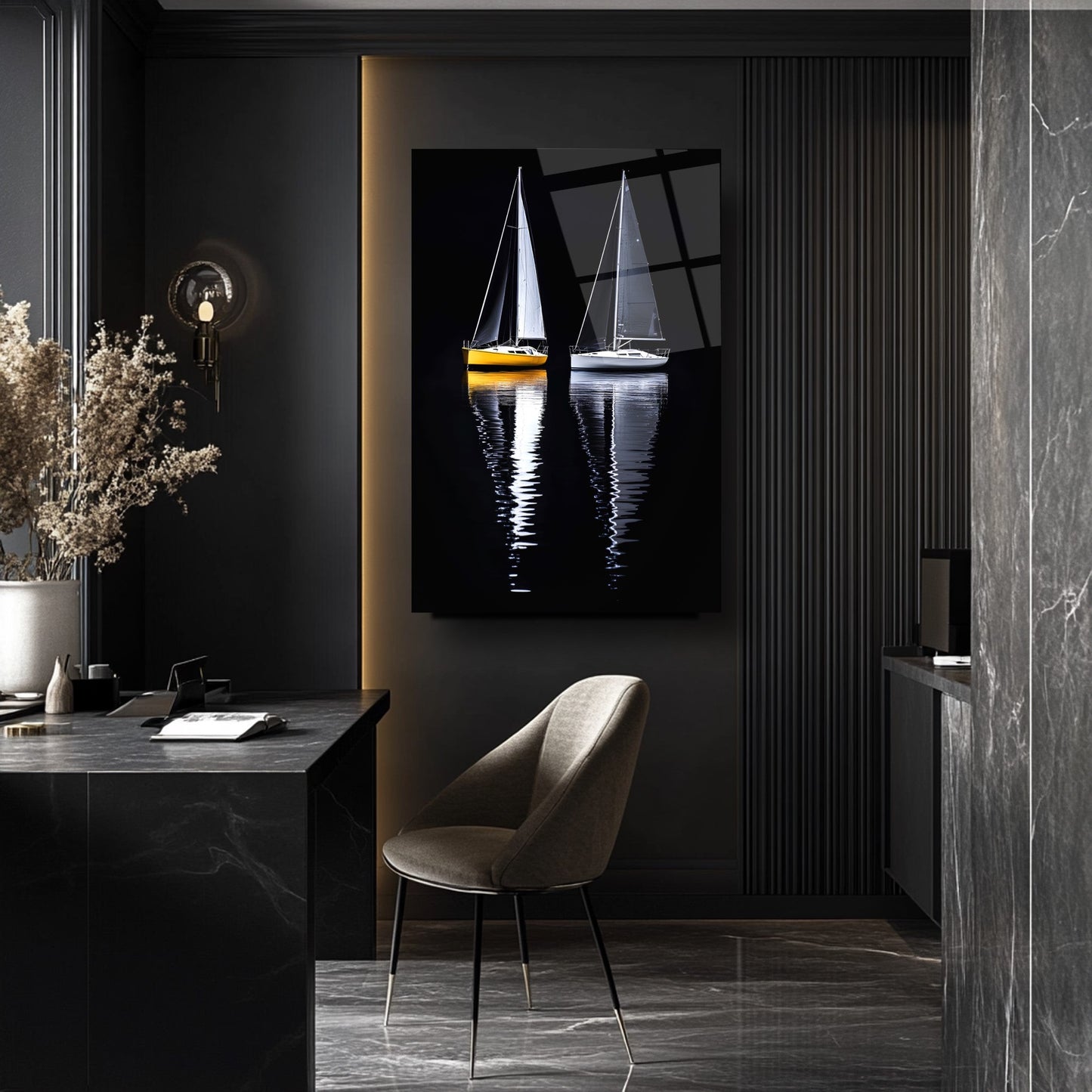 Denizde Yelkenli Manzarası Cam Tablo