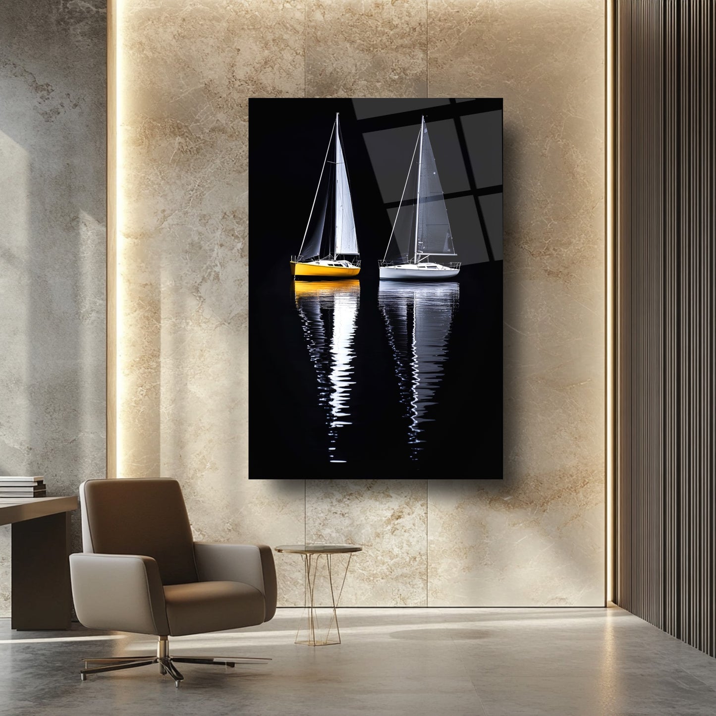 Denizde Yelkenli Manzarası Cam Tablo