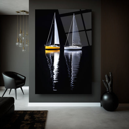 Denizde Yelkenli Manzarası Cam Tablo