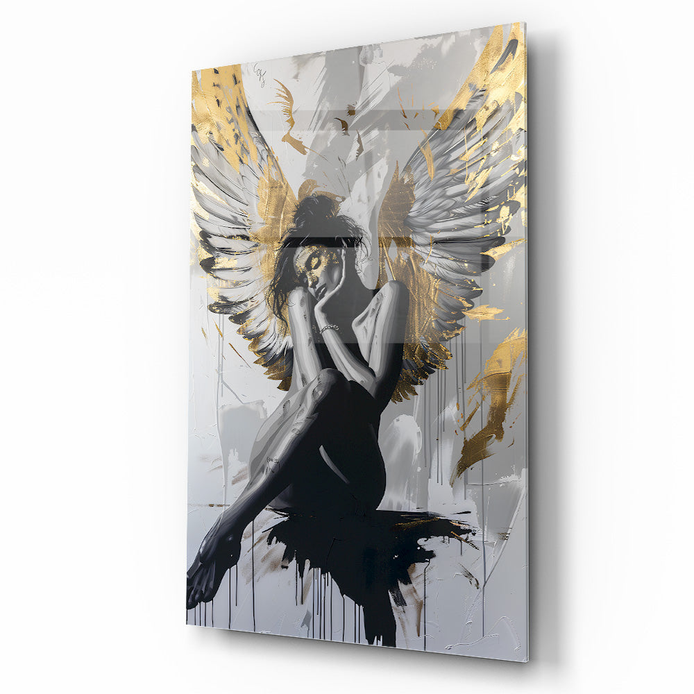 Gold Kanatlı Kadın Cam Tablo