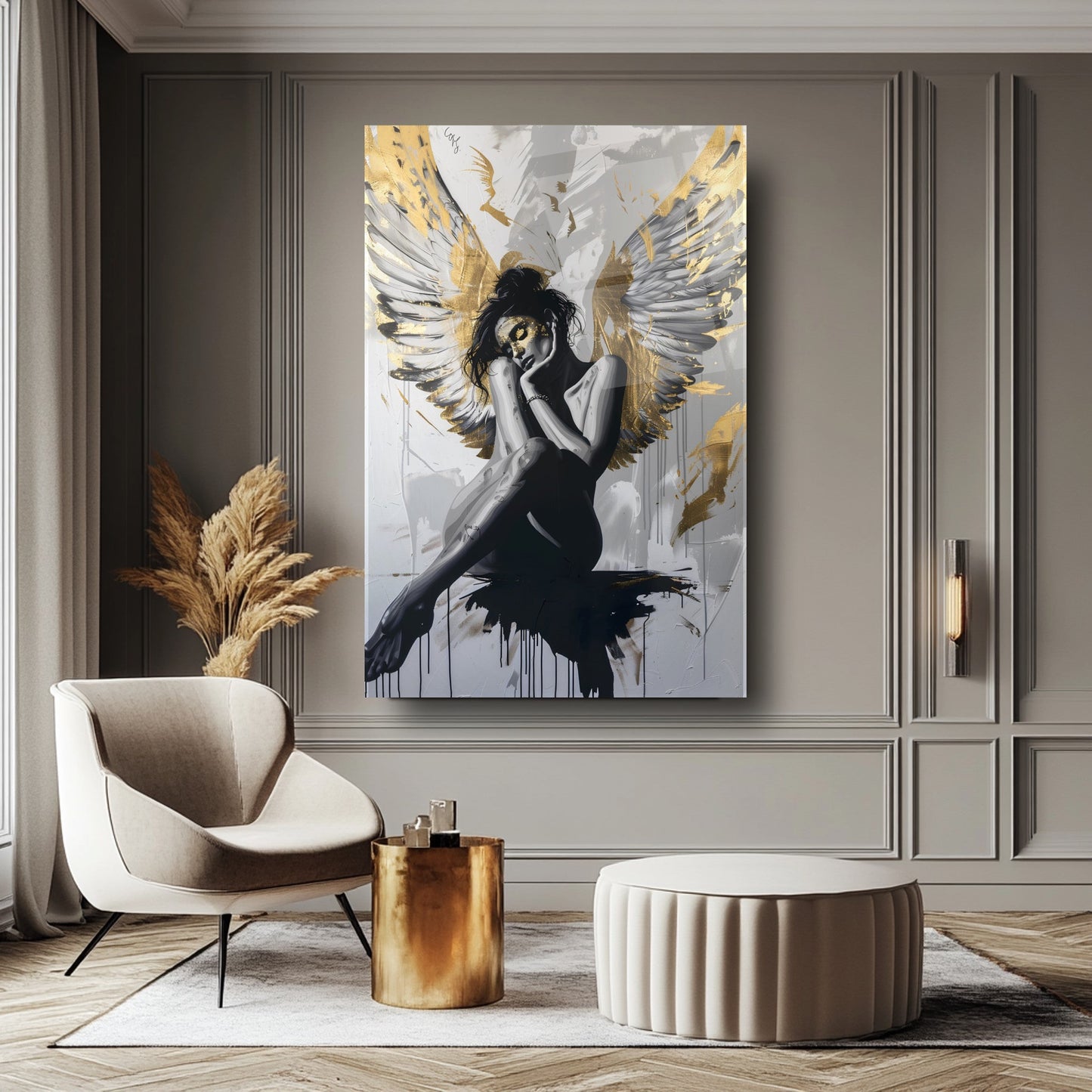 Gold Kanatlı Kadın Cam Tablo