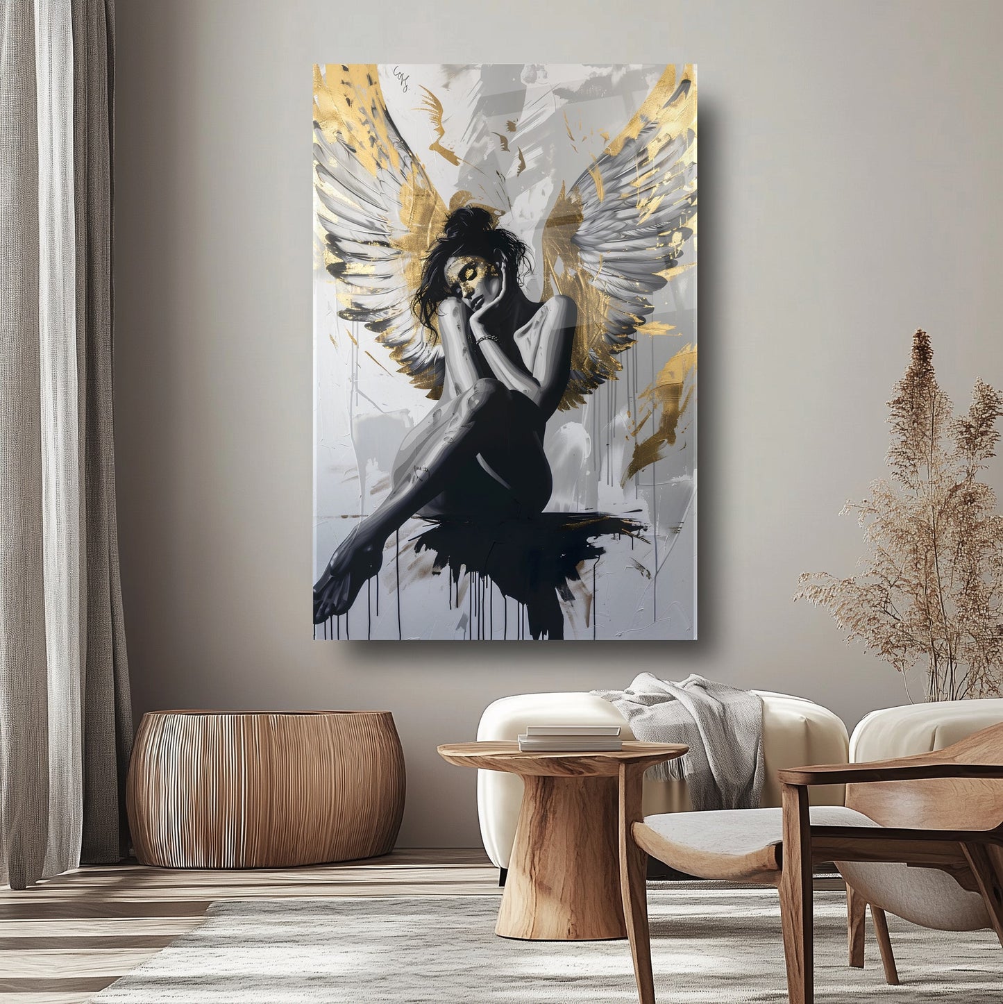 Gold Kanatlı Kadın Cam Tablo