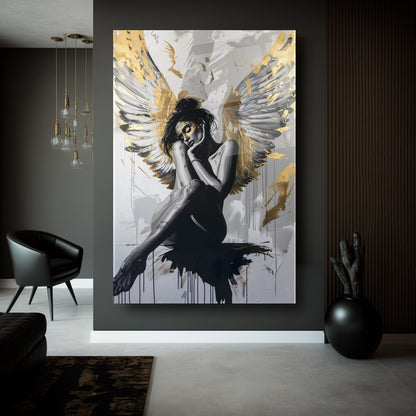 Gold Kanatlı Kadın Cam Tablo