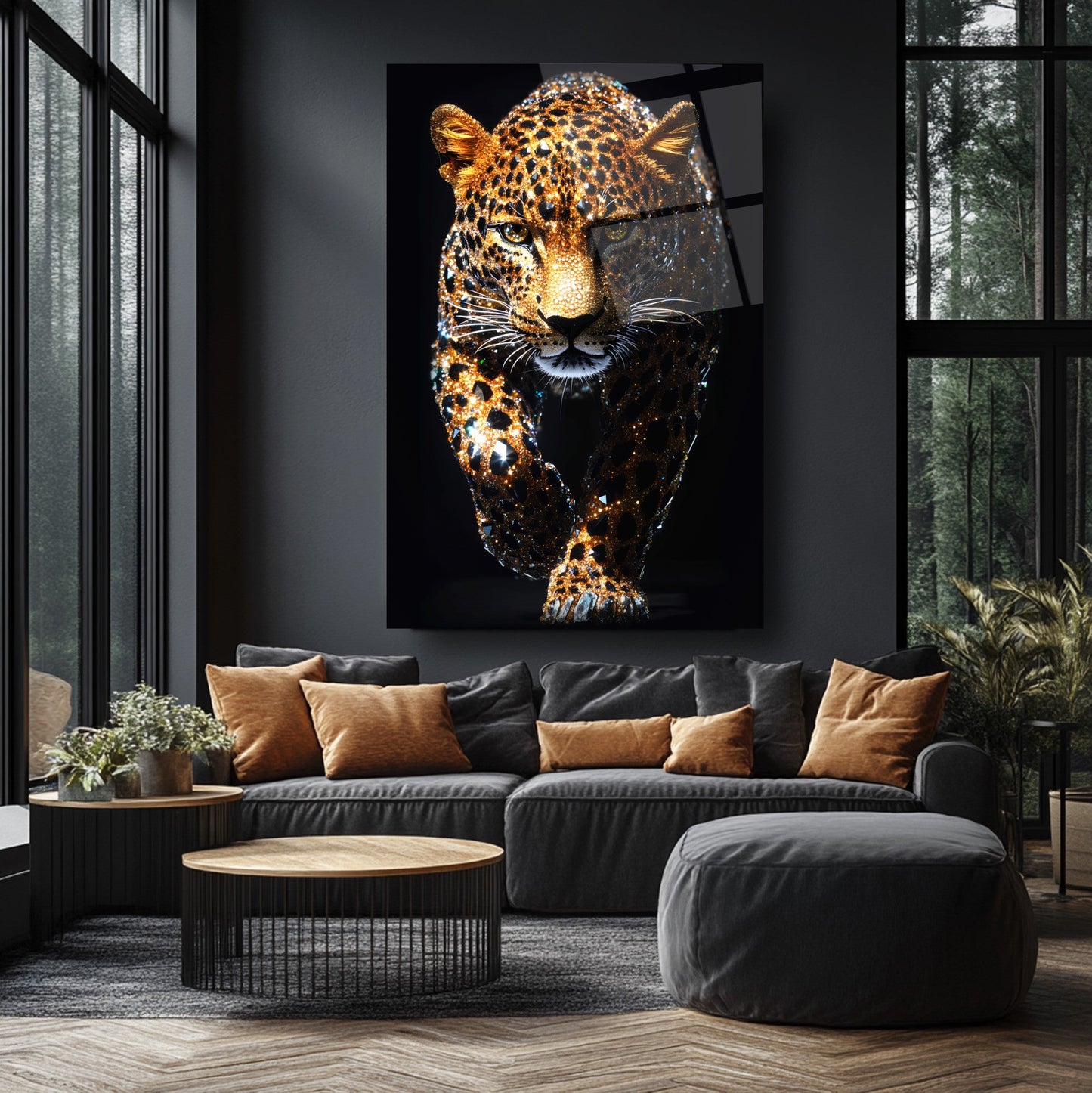 Taşlı Leopar Cam Tablo