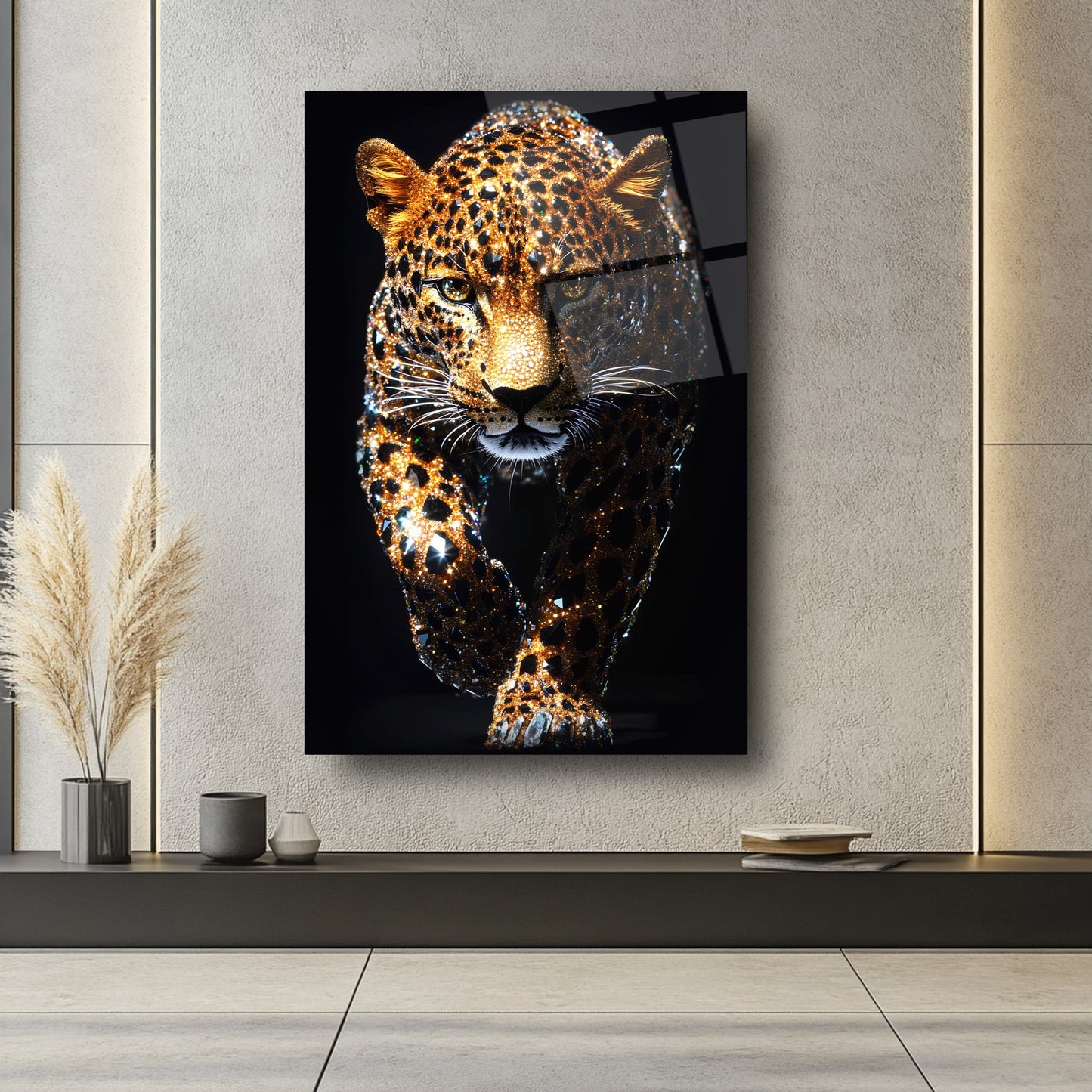 Taşlı Leopar Cam Tablo