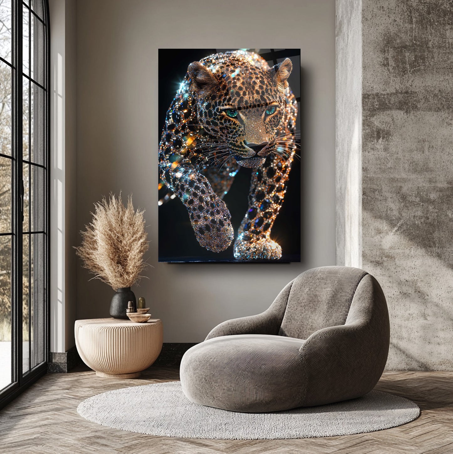 Taşlı Leopar Cam Tablo