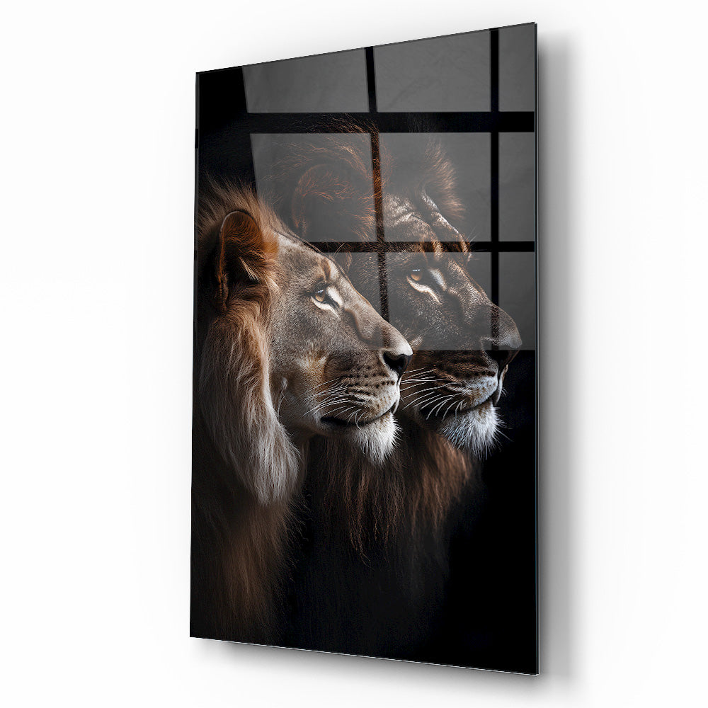 Erkek ve Dişi Aslan Cam Tablo