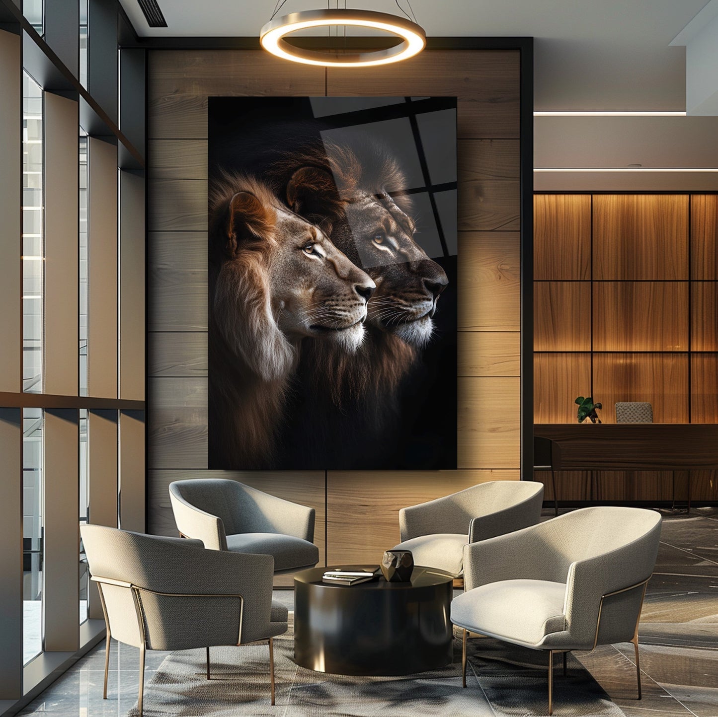 Erkek ve Dişi Aslan Cam Tablo