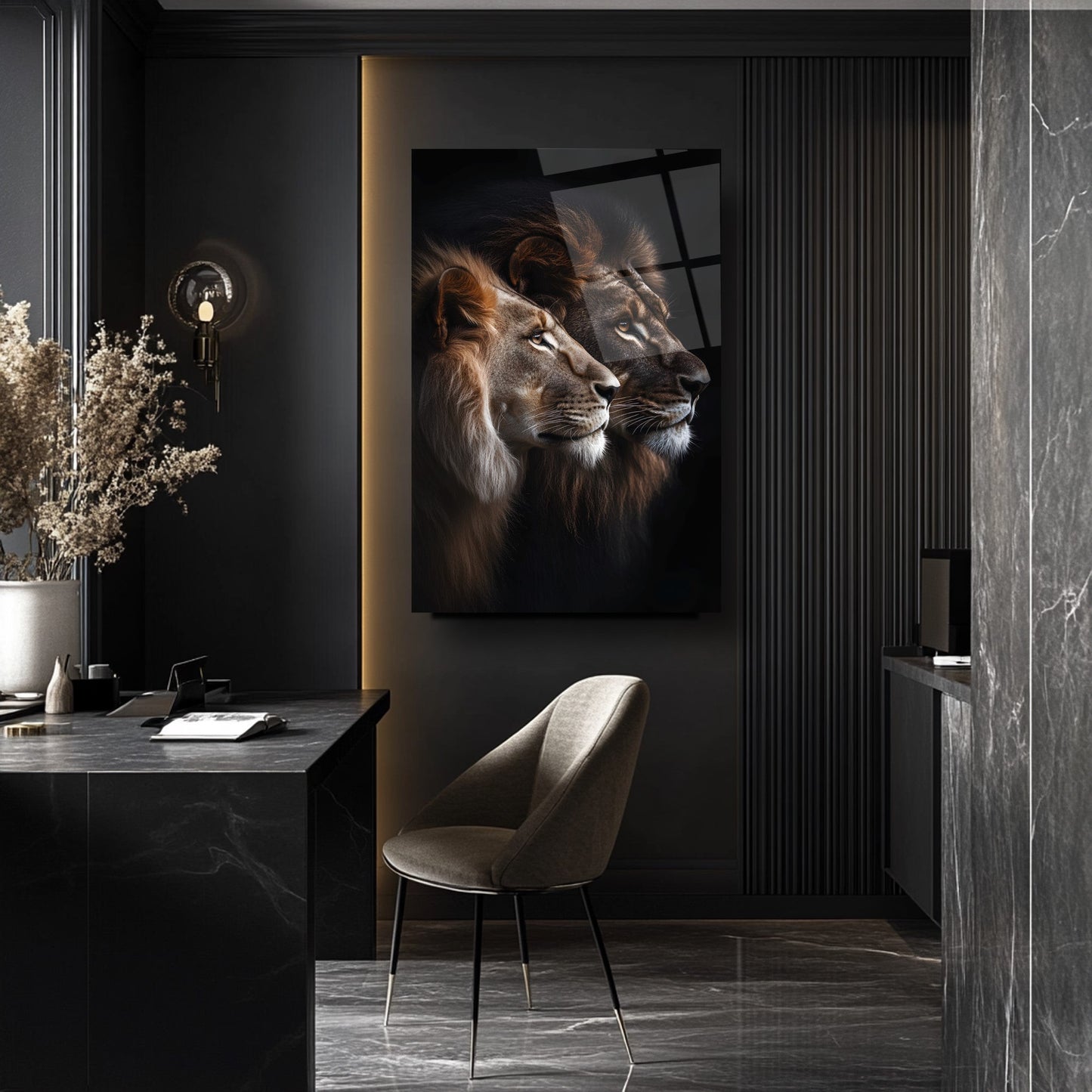 Erkek ve Dişi Aslan Cam Tablo