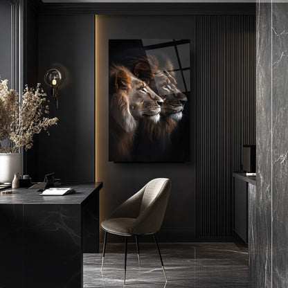 Erkek ve Dişi Aslan Cam Tablo