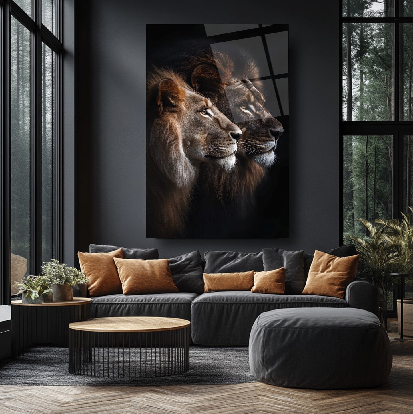 Erkek ve Dişi Aslan Cam Tablo