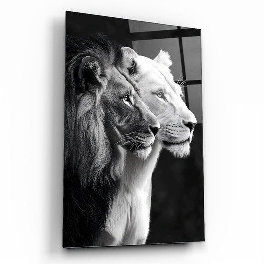 Erkek ve Dişi Aslan Cam Tablo