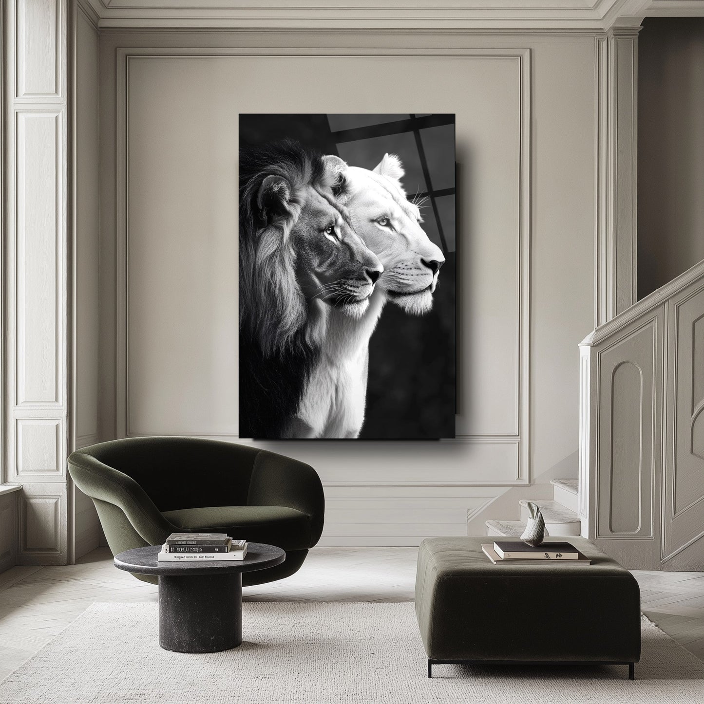 Erkek ve Dişi Aslan Cam Tablo