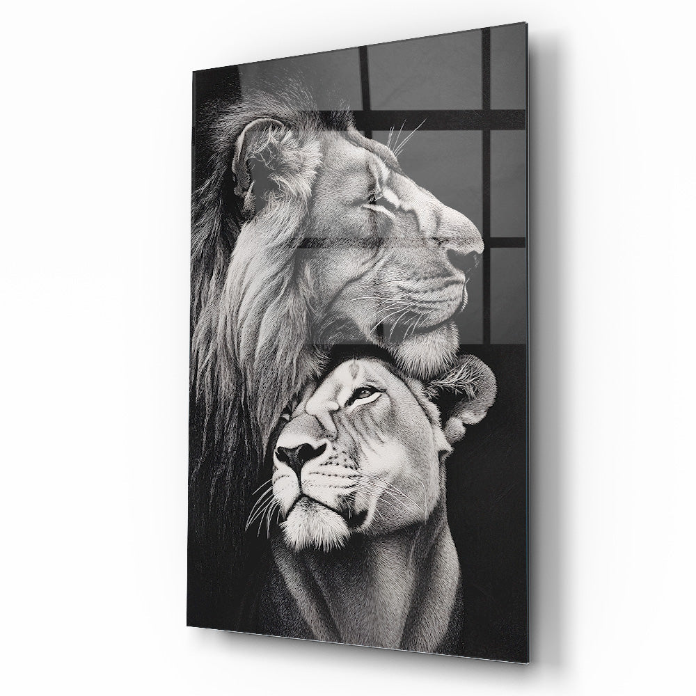 Erkek ve Dişi Aslan Cam Tablo