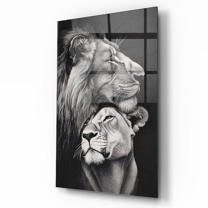 Erkek ve Dişi Aslan Cam Tablo