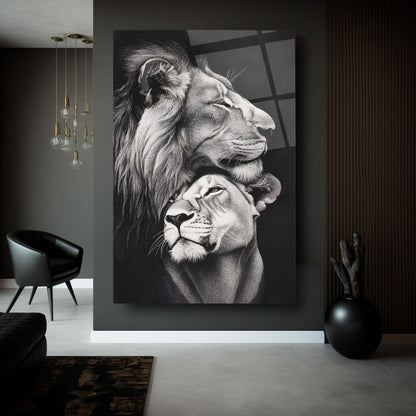 Erkek ve Dişi Aslan Cam Tablo