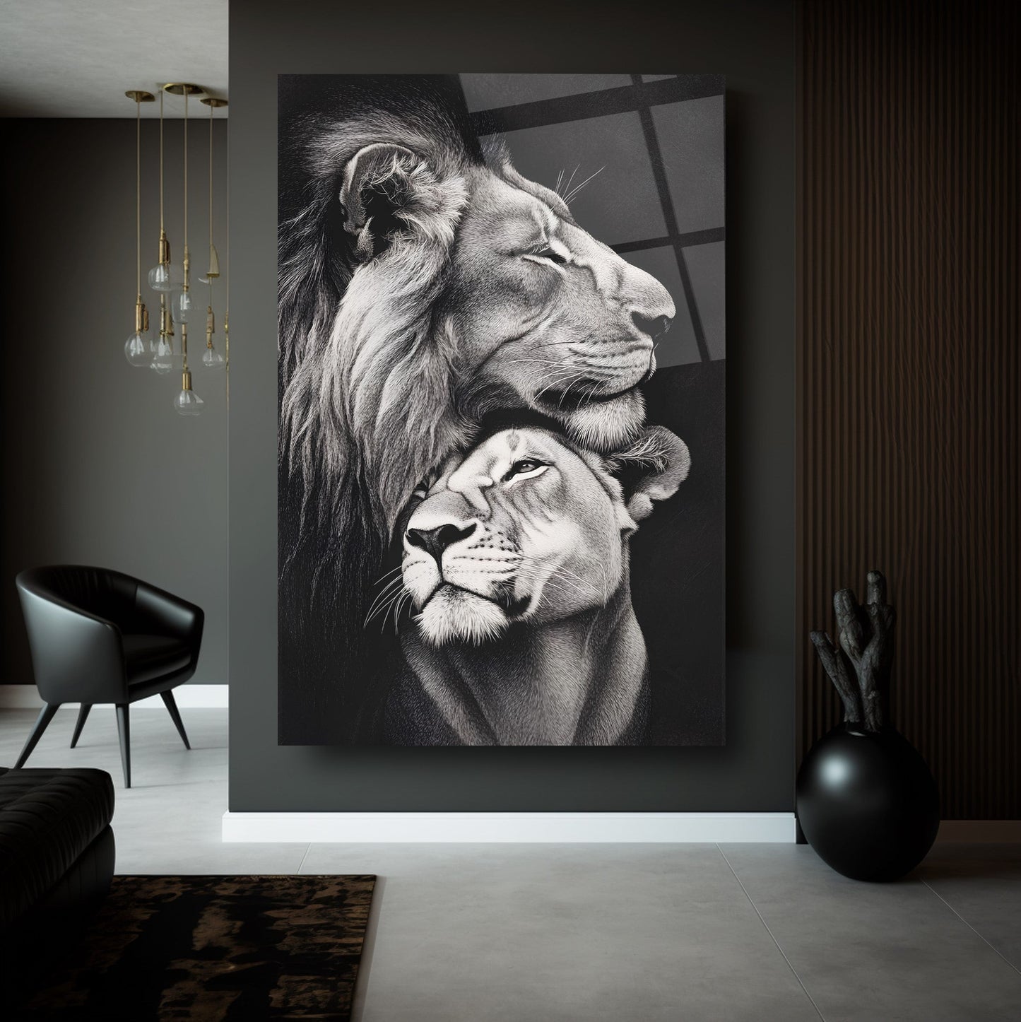 Erkek ve Dişi Aslan Cam Tablo