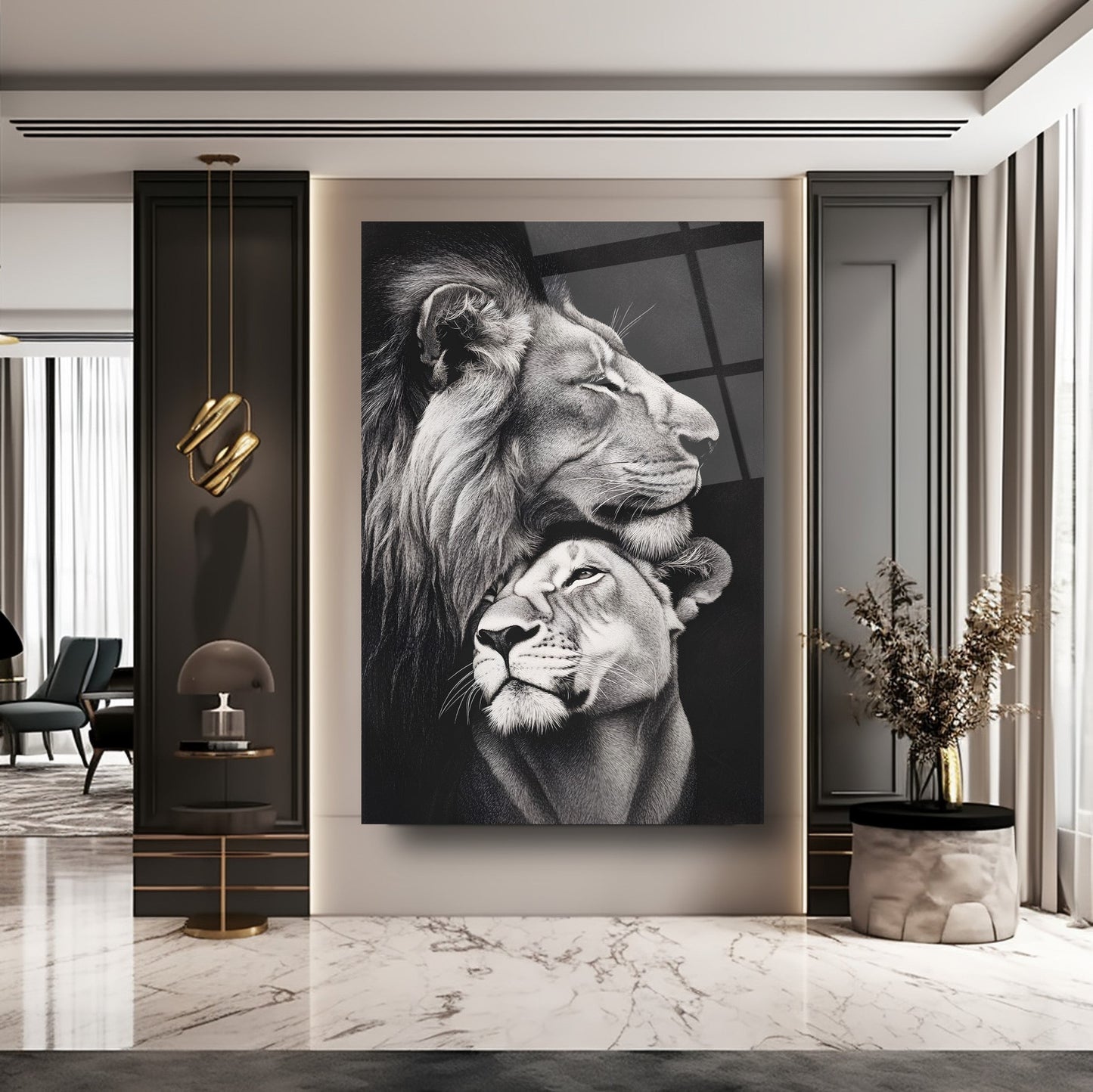 Erkek ve Dişi Aslan Cam Tablo