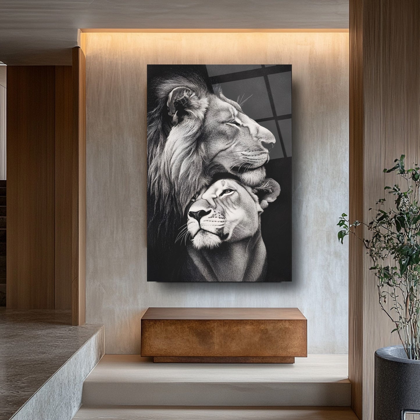 Erkek ve Dişi Aslan Cam Tablo