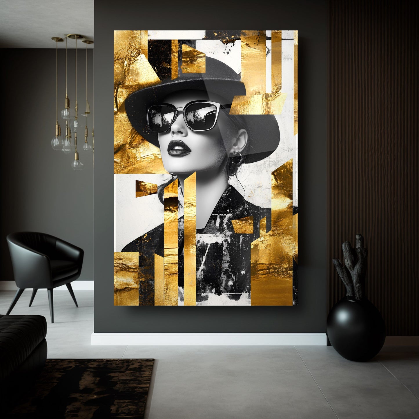 Gold Detay Şapkalı Kadın Cam Tablo