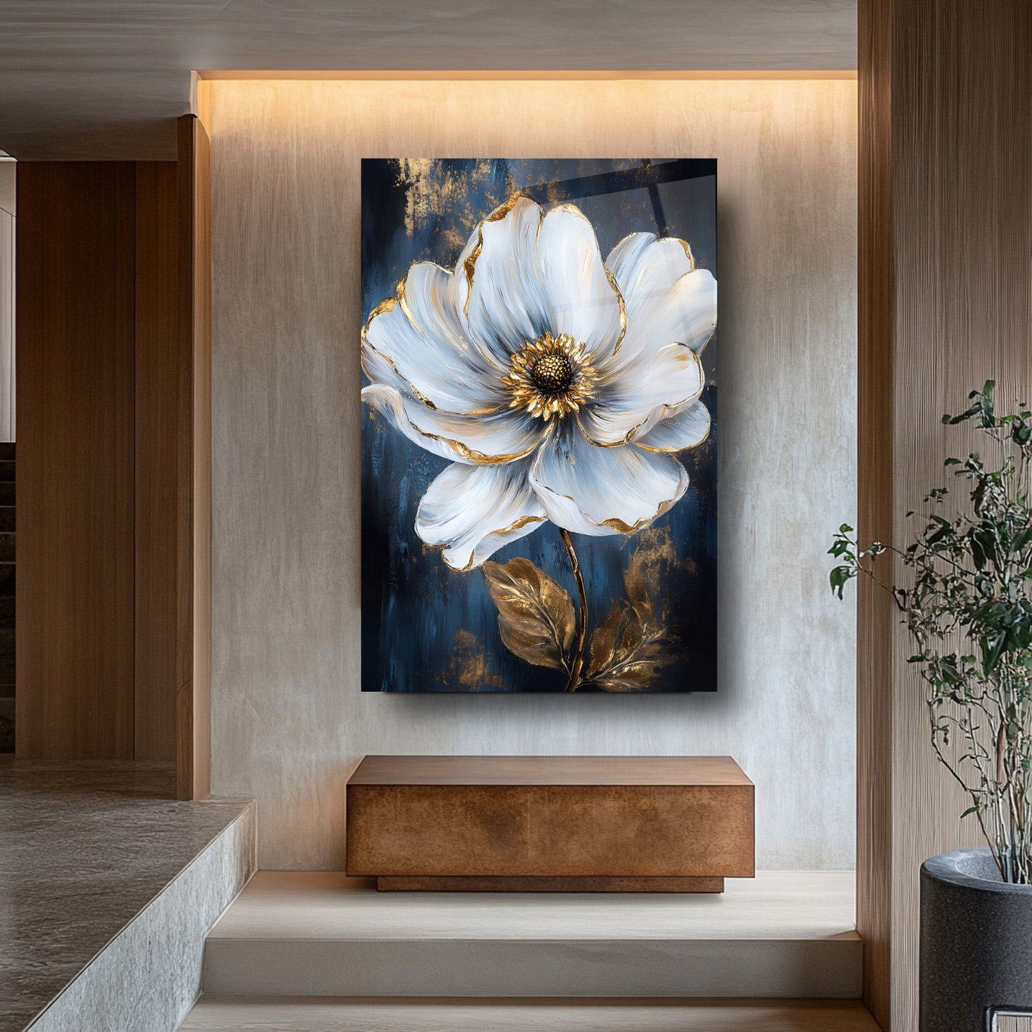 Beyaz Gold Çiçek Cam Tablo