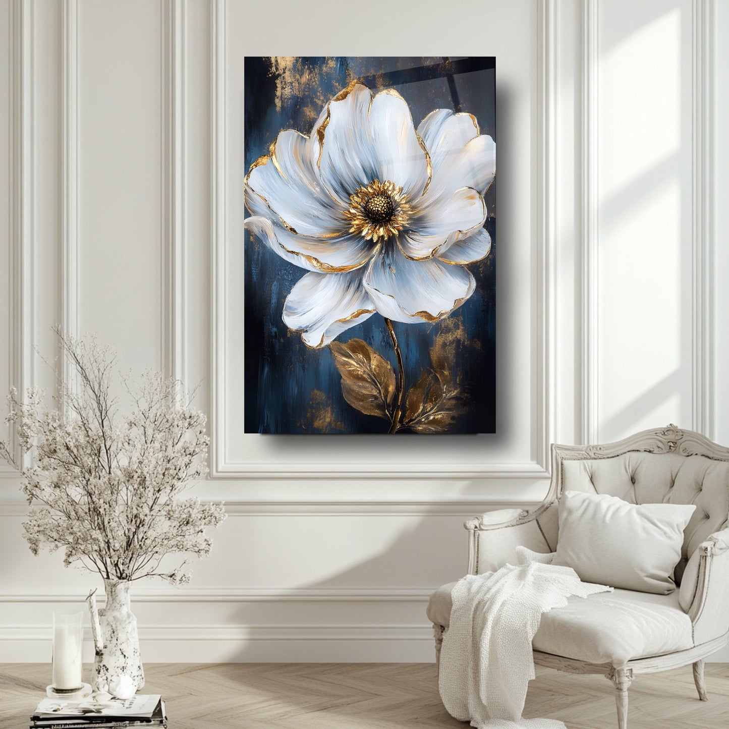 Beyaz Gold Çiçek Cam Tablo