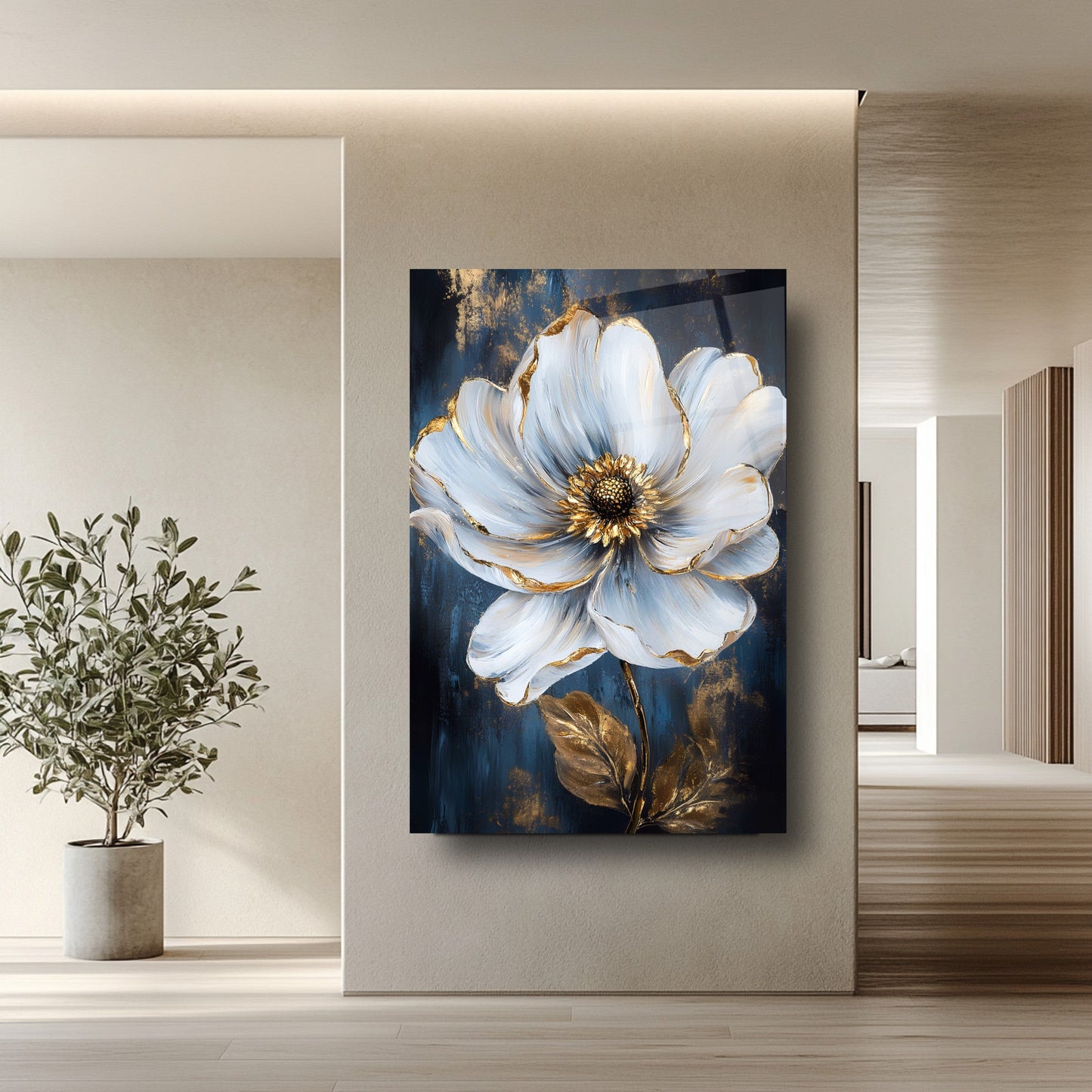 Beyaz Gold Çiçek Cam Tablo