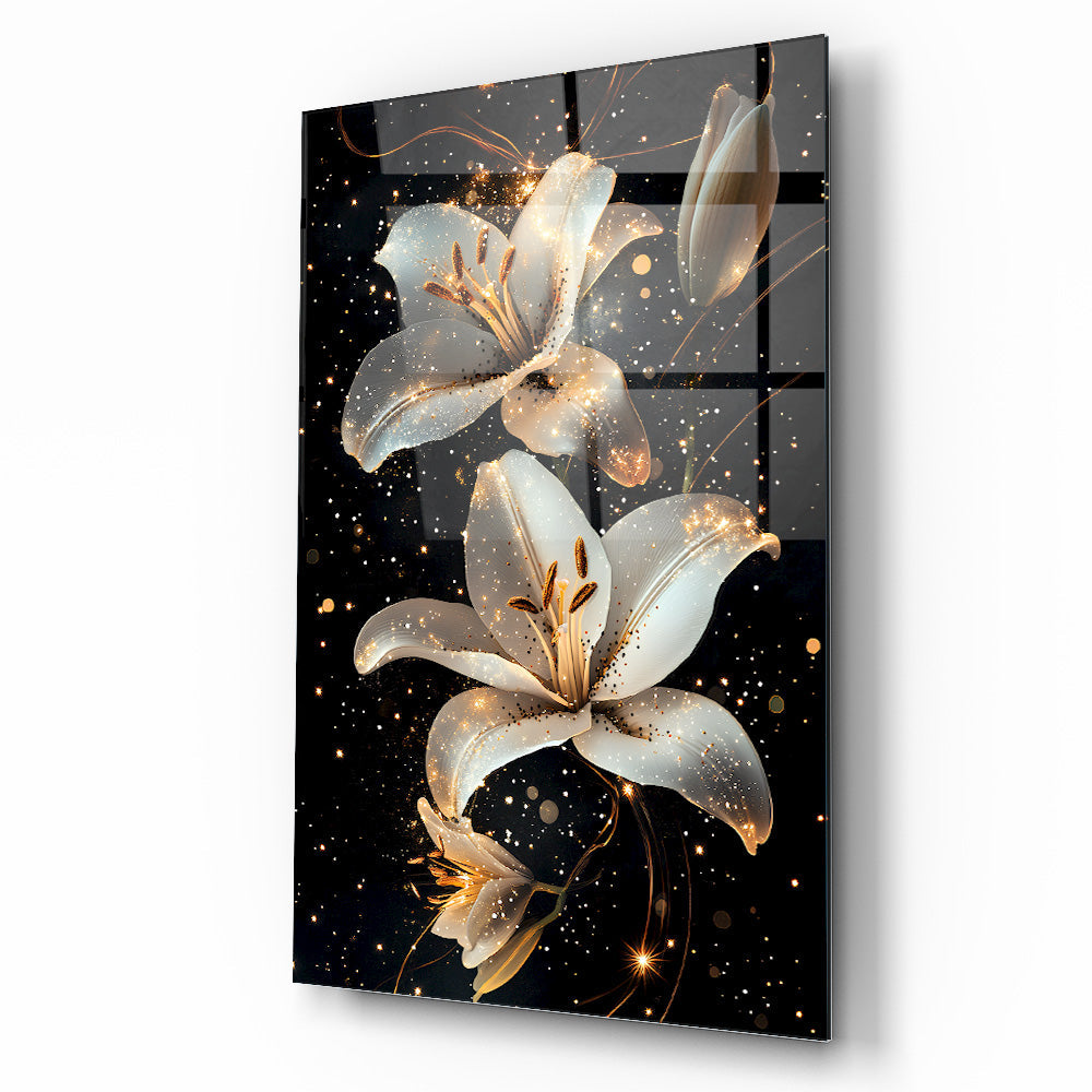 Gold Detaylı Beyaz Çiçekler Cam Tablo