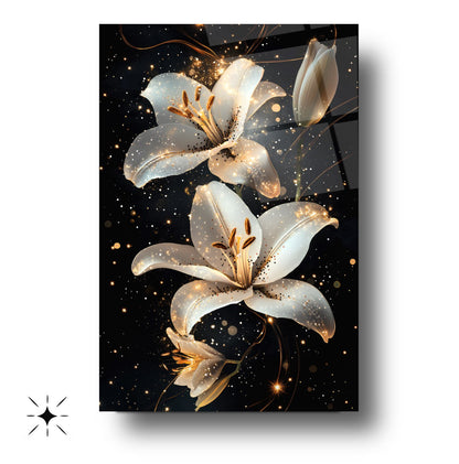 Gold Detaylı Beyaz Çiçekler Cam Tablo