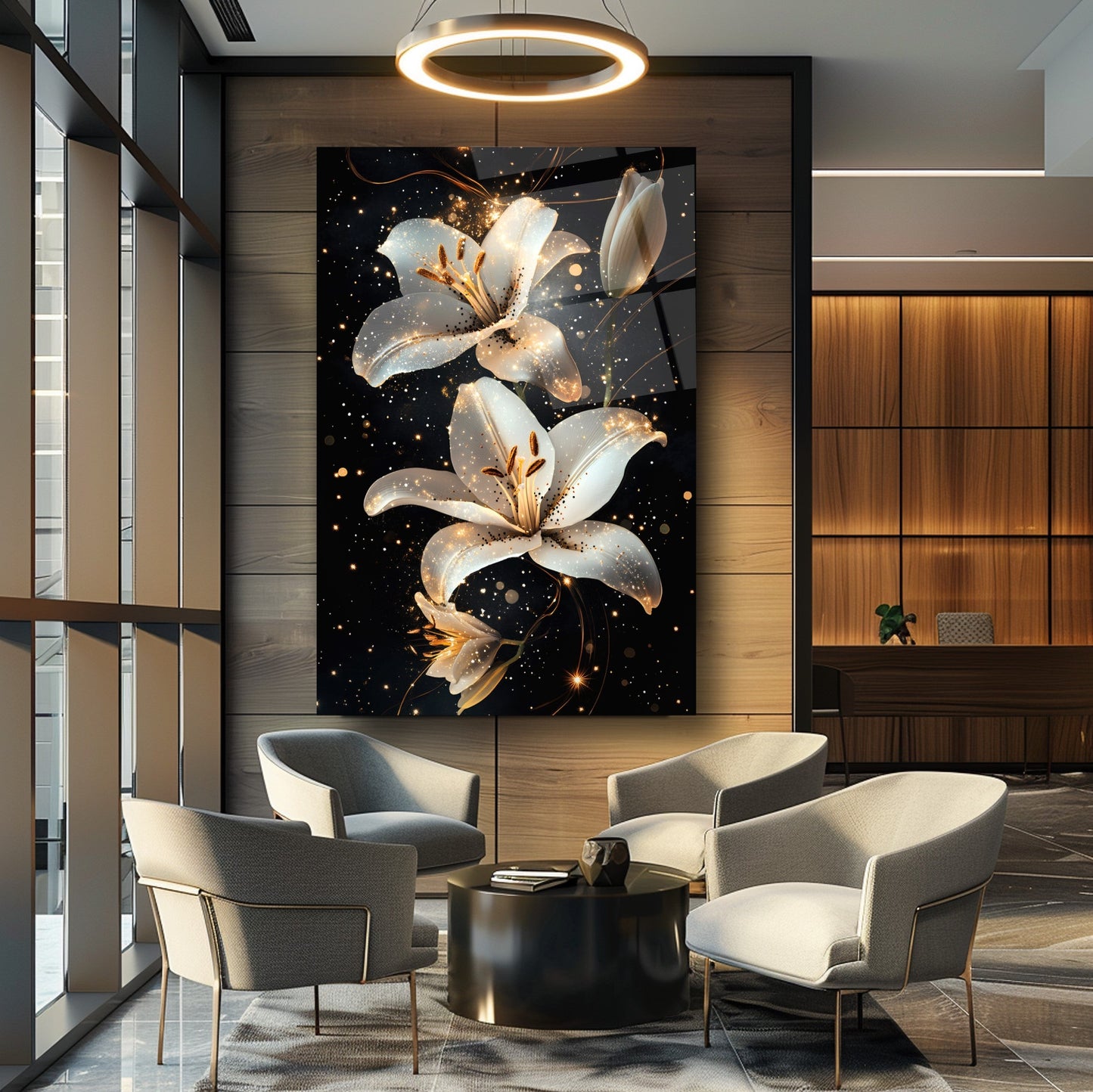 Gold Detaylı Beyaz Çiçekler Cam Tablo