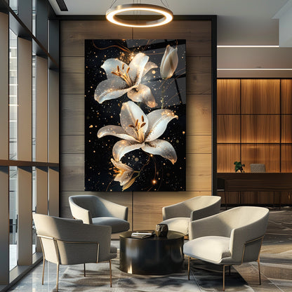 Gold Detaylı Beyaz Çiçekler Cam Tablo