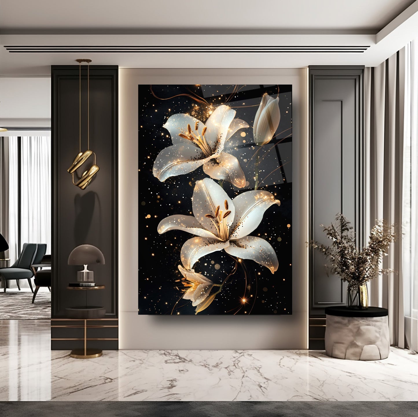 Gold Detaylı Beyaz Çiçekler Cam Tablo