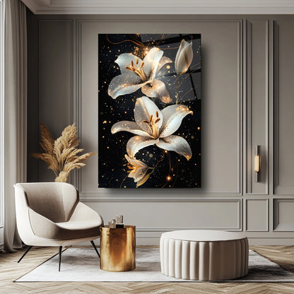 Gold Detaylı Beyaz Çiçekler Cam Tablo