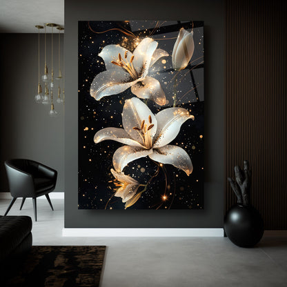 Gold Detaylı Beyaz Çiçekler Cam Tablo
