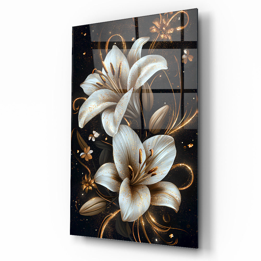 Gold Detaylı Beyaz Çiçekler Cam Tablo