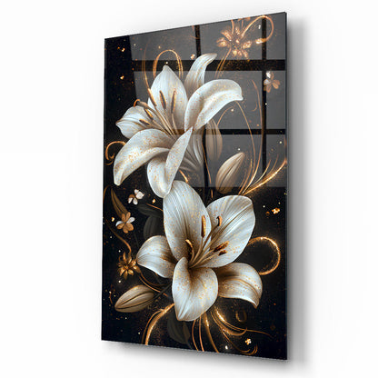 Gold Detaylı Beyaz Çiçekler Cam Tablo