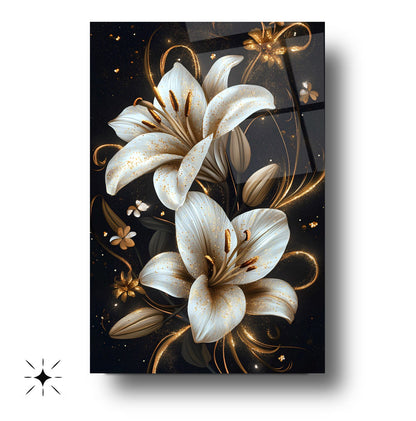 Gold Detaylı Beyaz Çiçekler Cam Tablo