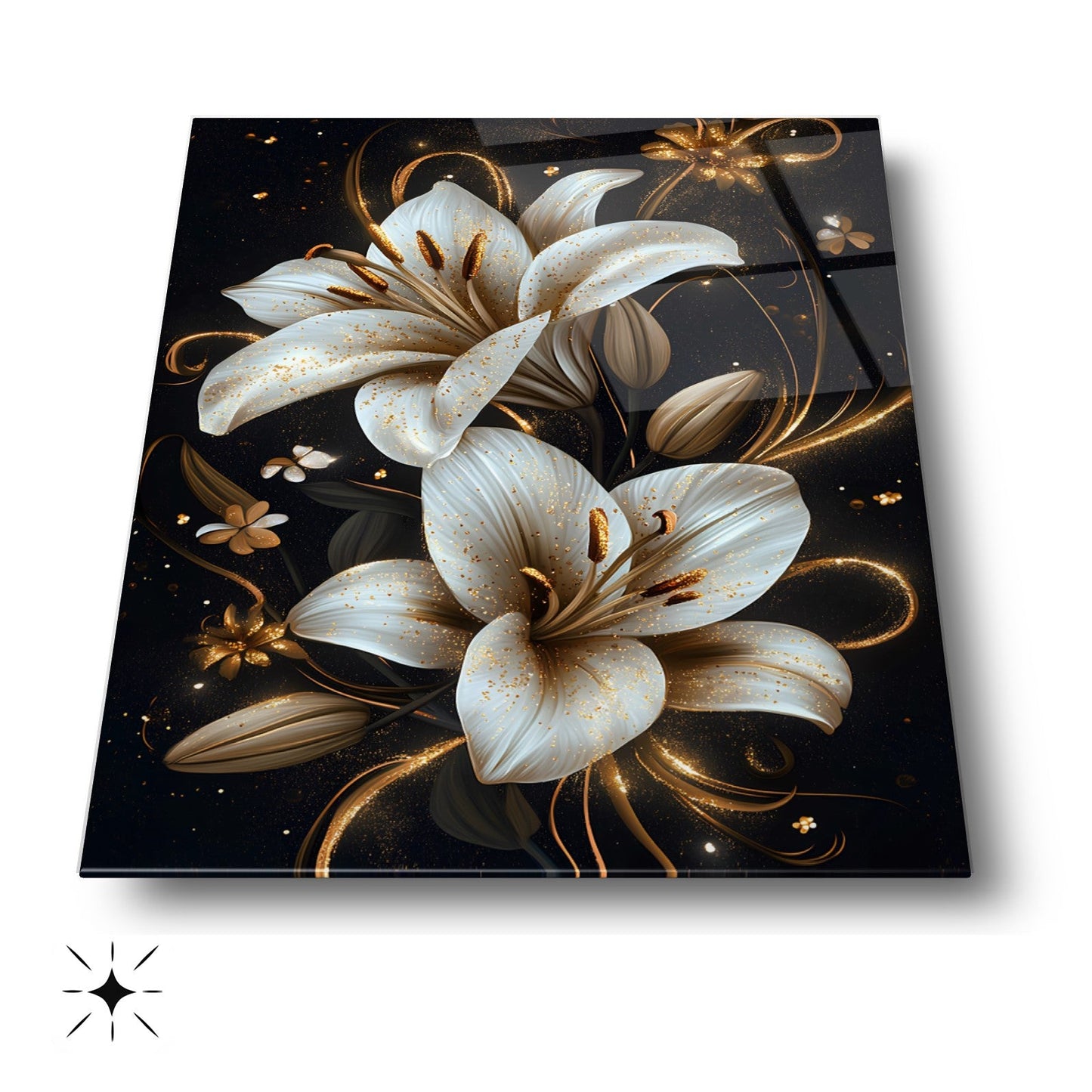 Gold Detaylı Beyaz Çiçekler Cam Tablo