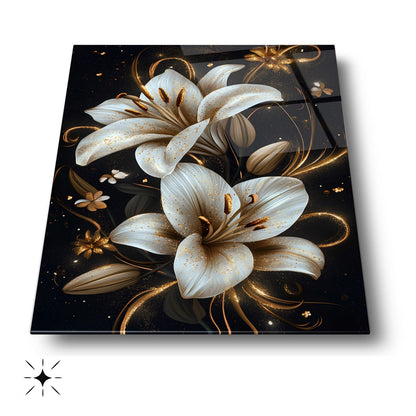 Gold Detaylı Beyaz Çiçekler Cam Tablo