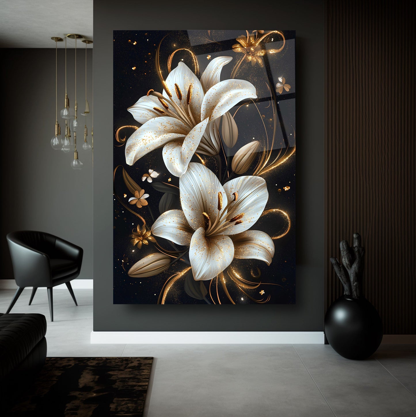 Gold Detaylı Beyaz Çiçekler Cam Tablo