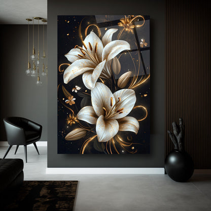 Gold Detaylı Beyaz Çiçekler Cam Tablo