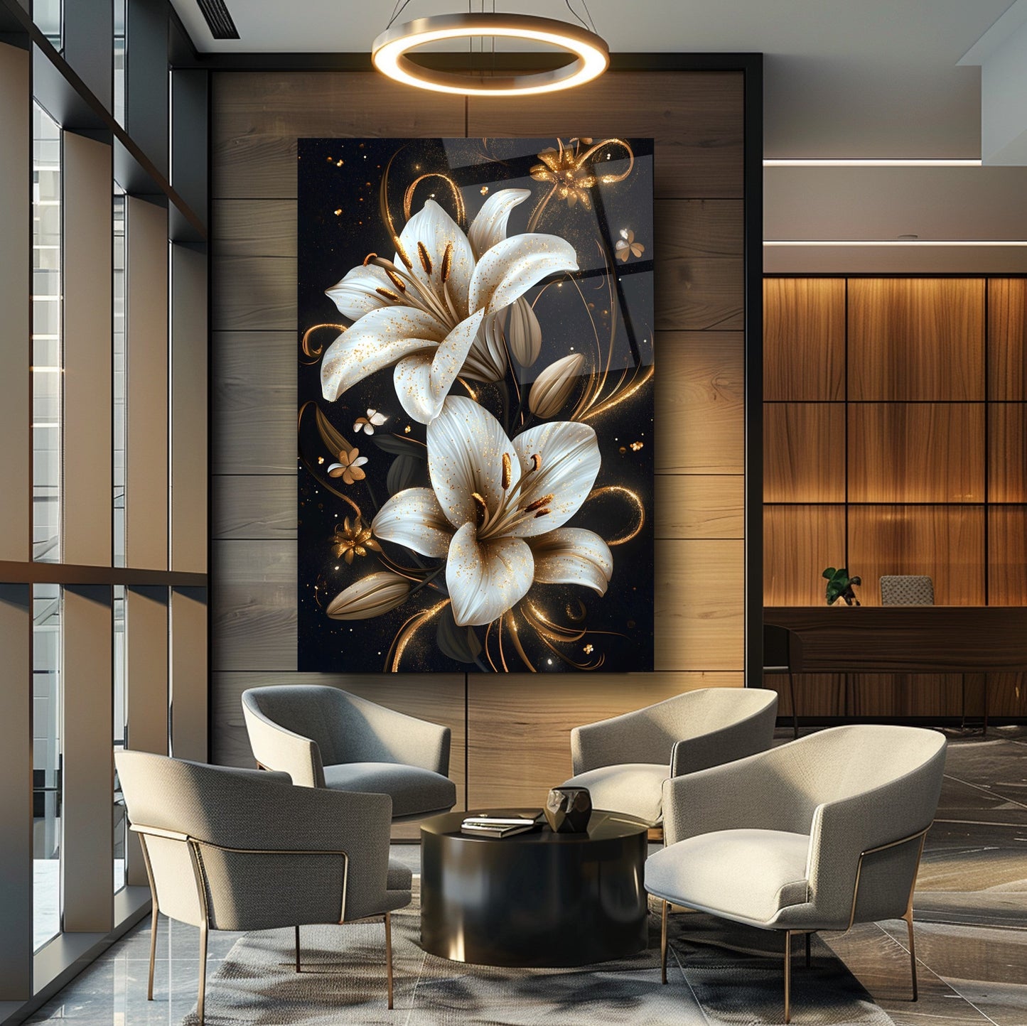 Gold Detaylı Beyaz Çiçekler Cam Tablo