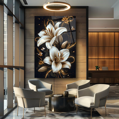 Gold Detaylı Beyaz Çiçekler Cam Tablo