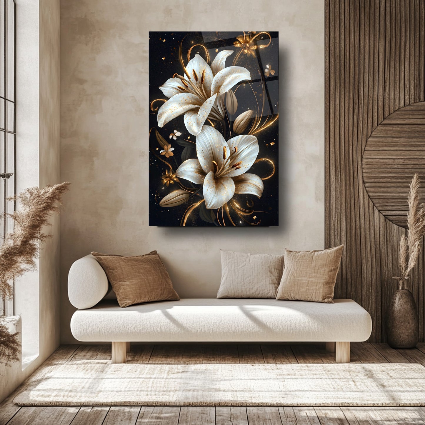 Gold Detaylı Beyaz Çiçekler Cam Tablo