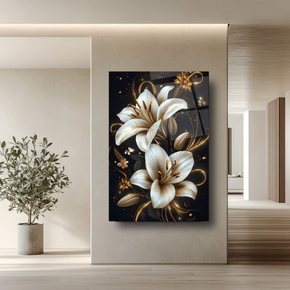 Gold Detaylı Beyaz Çiçekler Cam Tablo