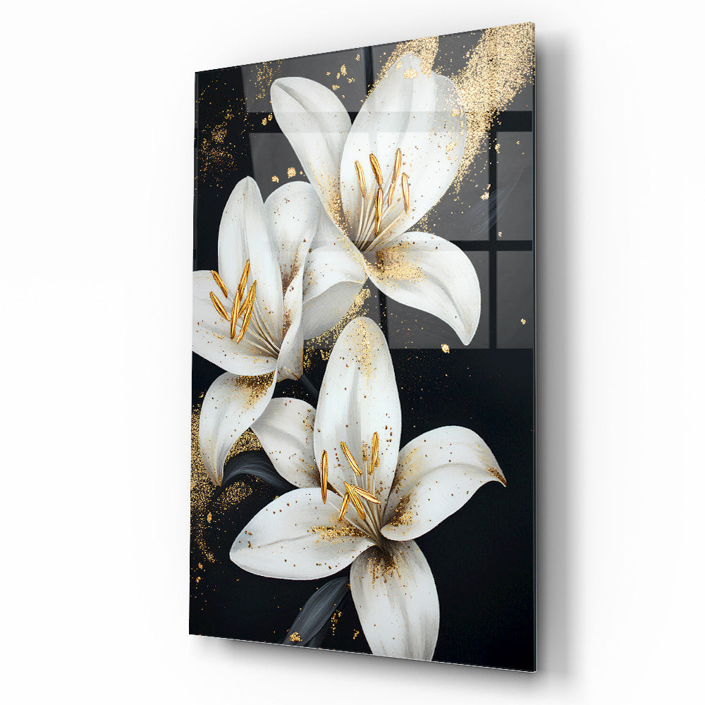 Gold Detaylı Beyaz Çiçekler Cam Tablo