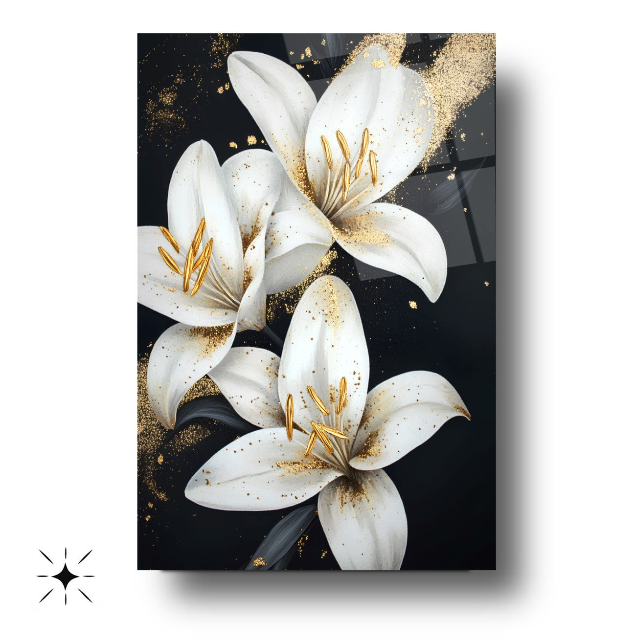 Gold Detaylı Beyaz Çiçekler Cam Tablo